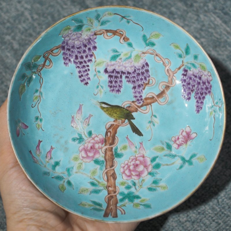 清光绪 松石绿地花鸟盘 - 图6