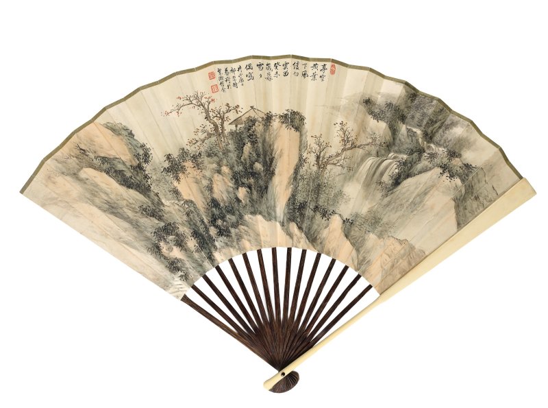 祁崑　秋亭觀雲　設色紙本　成扇　一九四三年作 | QI KUN (1901-1944); SUN ZHIMIN (1881-1961) - 图2