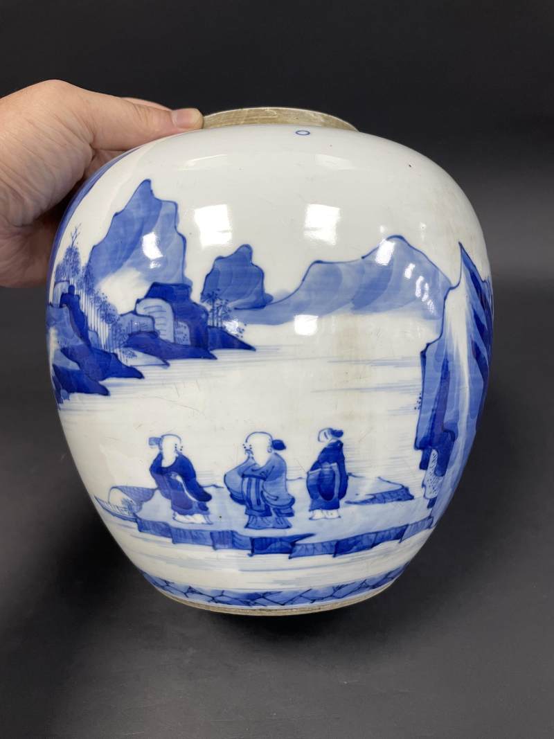 清康熙 青花山水人物纹罐 - 图2