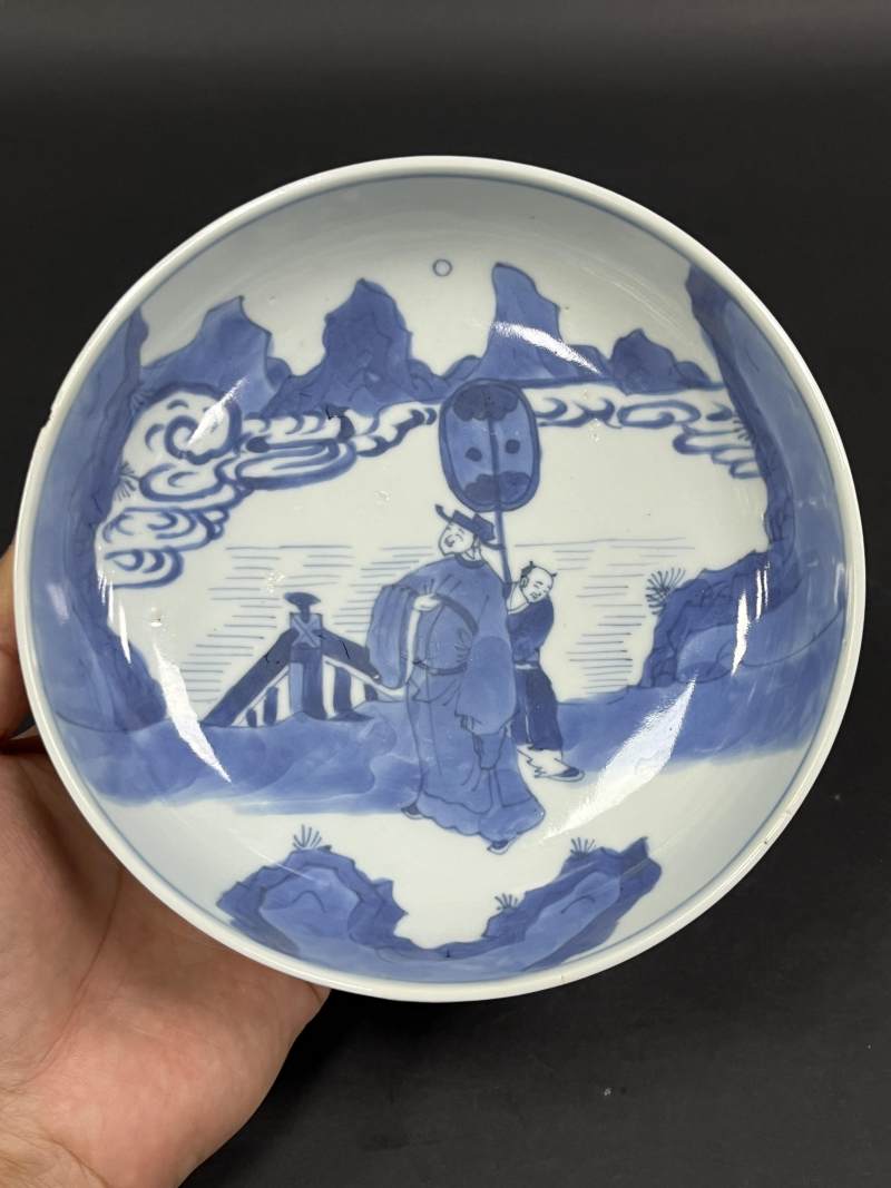 清康熙 青花高士图盘 - 图2