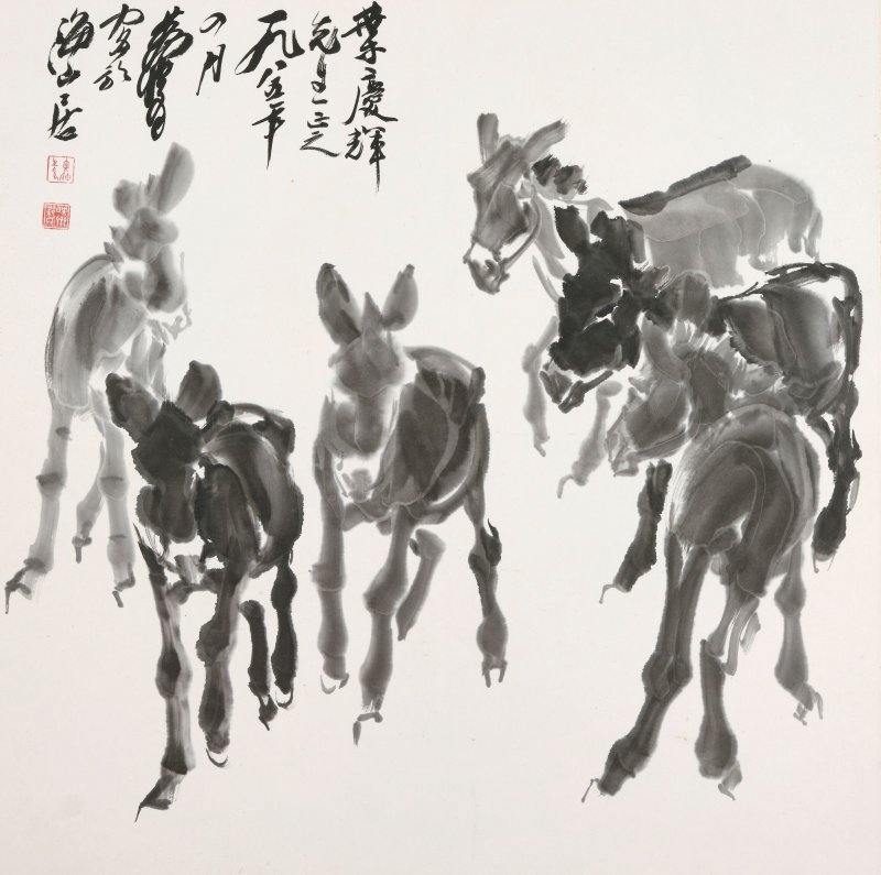 黃冑　六驢圖　水墨紙本　鏡框　一九八五年作 | HUANG ZHOU (1925-1997)