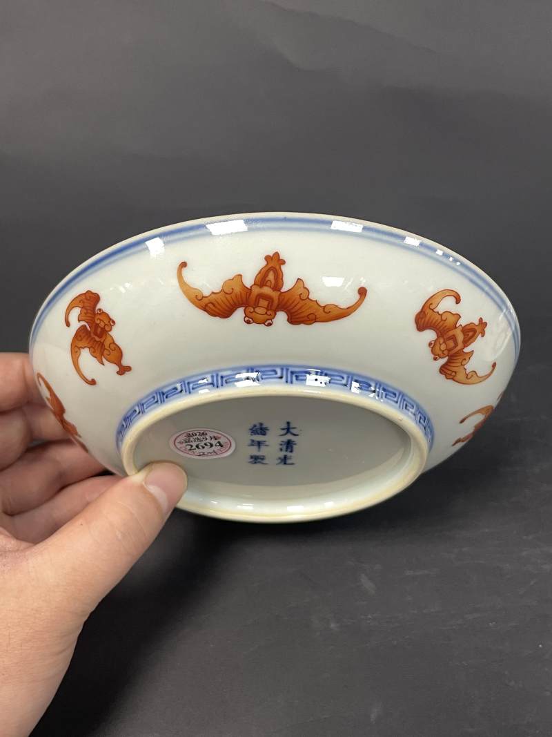 清光绪 矾红洪福齐天图盘一对 - 图7