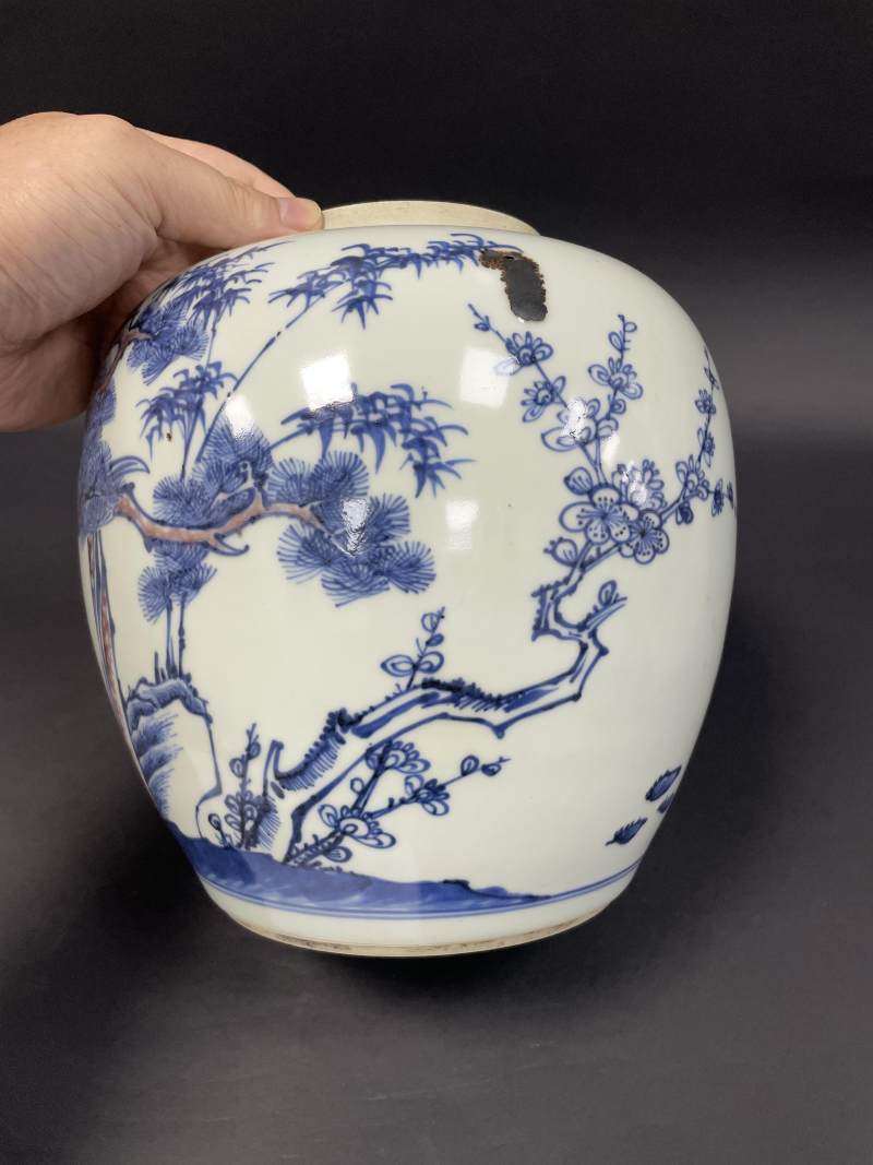 清雍正 青花釉里红岁寒三友图罐 - 图5