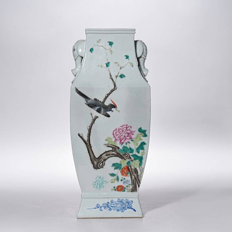清光绪 粉彩花鸟四方象耳瓶 - 图1