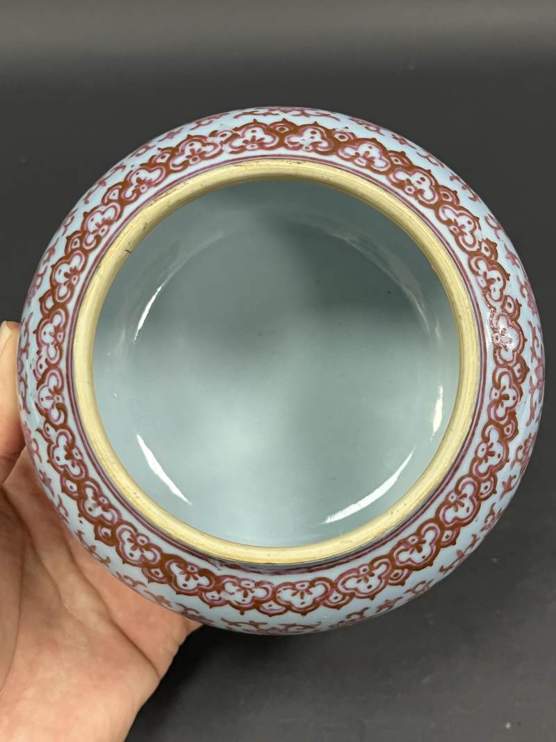 清晚期 天蓝釉胭脂红缠枝莲蝠纹围棋罐一对 - 图7
