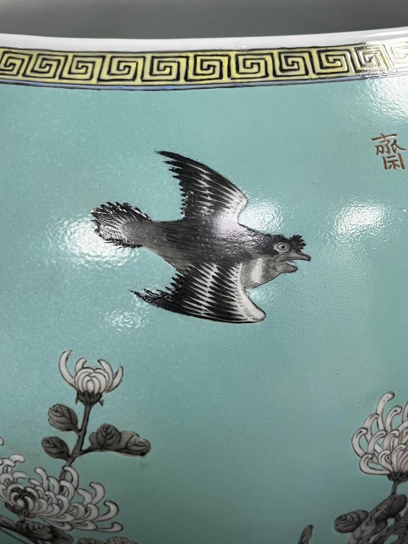 清光绪 松石绿地墨彩花鸟纹缸 - 图10