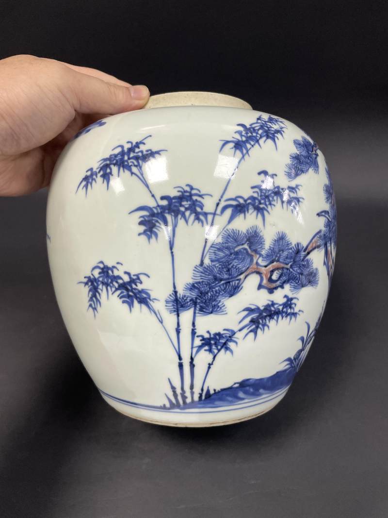 清雍正 青花釉里红岁寒三友图罐 - 图7