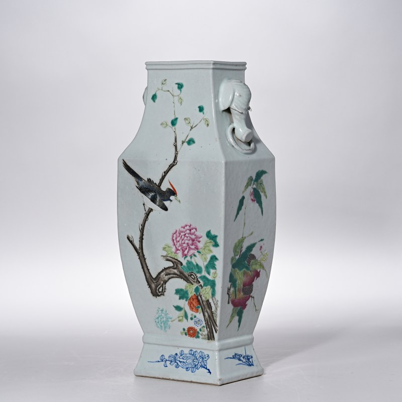 清光绪 粉彩花鸟四方象耳瓶 - 图2