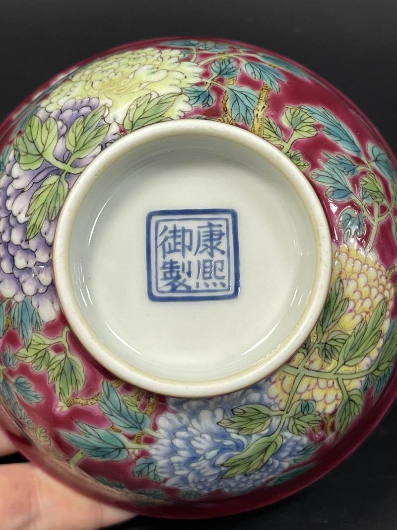 民国 胭脂红地粉彩九秋图碗 - 图10