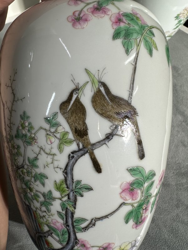 民国 粉彩花鸟赏瓶一对 - 图6