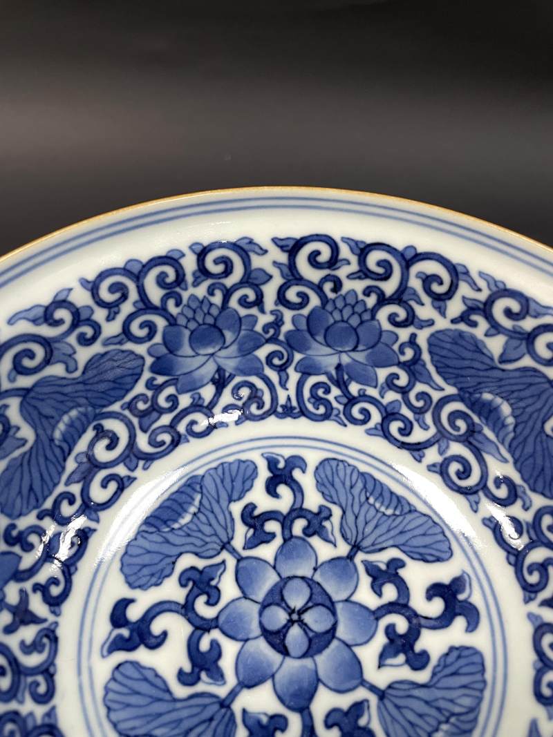 清道光 内青花外粉彩荷塘图碗 - 图9