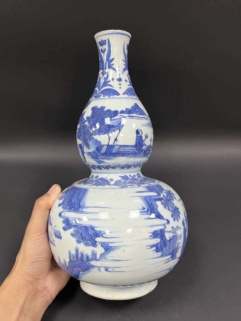 明崇祯 青花对酒当歌、高士饮享图葫芦瓶 - 图4