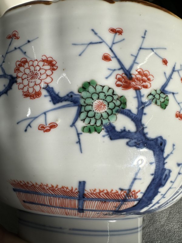 清康熙 青花五彩花鸟花口大碗 - 图7