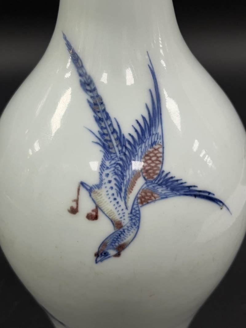 清康熙 青花釉里红花鸟纹橄榄尊 - 图7