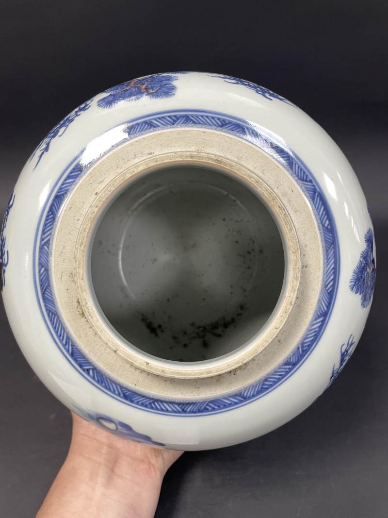 清雍正 青花釉里红岁寒三友图罐 - 图9