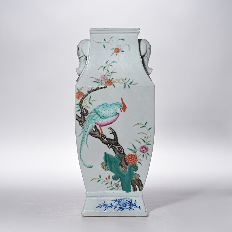 清光绪 粉彩花鸟四方象耳瓶 - 图3