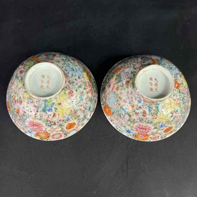 清光绪 粉彩百花不落地纹碗一对 - 图26