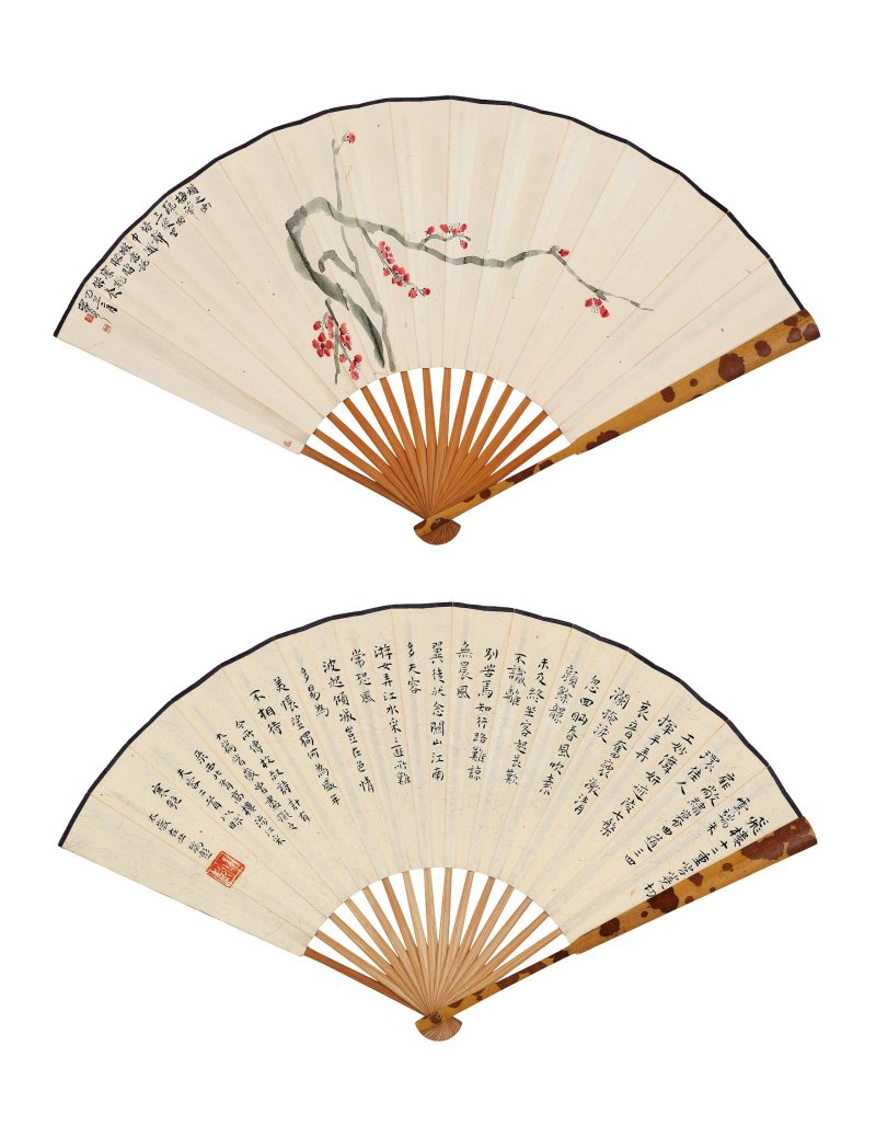 袁克文　微意託胭脂　設色紙本　成扇　一九二五年作 | YUAN KEWEN (1889-1931); SHAO RUIPENG (1887-1938) - 图1