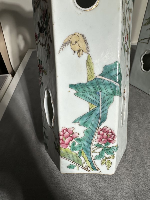 清同治 粉彩花鸟帽筒一对 - 图5