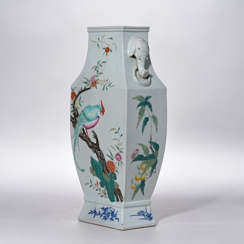 清光绪 粉彩花鸟四方象耳瓶 - 图4