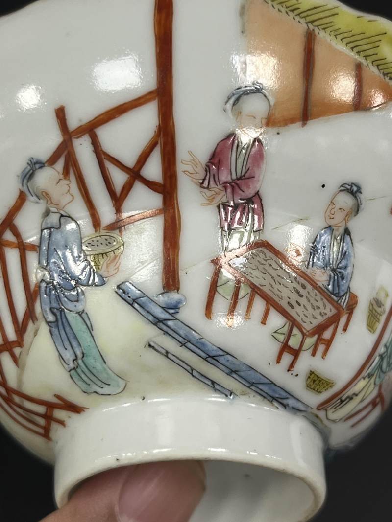 清道光 粉彩耕织诗文花口折腰碗 - 图11