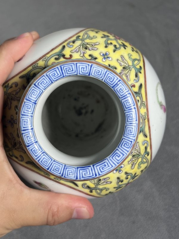 民国 黄地粉彩开光花卉瑞兽纹尊 - 图7