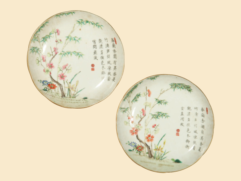 清道光 粉彩四君子诗文花口盘一对
