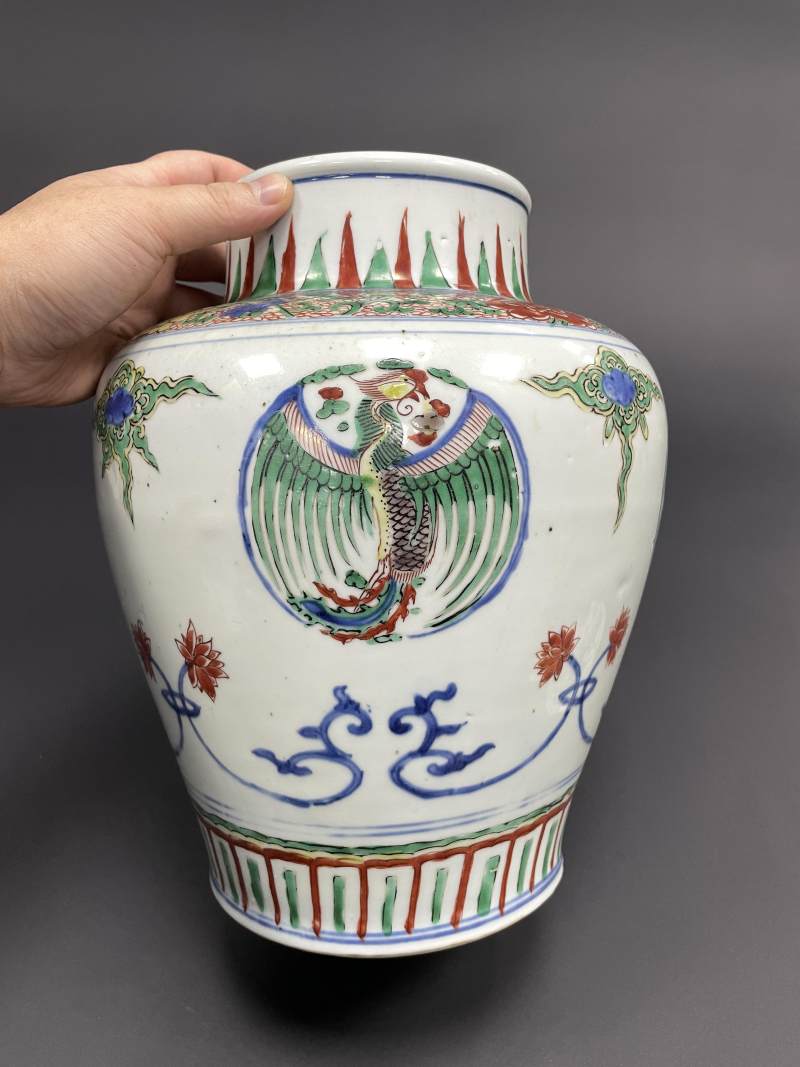 清康熙 青花五彩团凤纹将军罐 - 图3