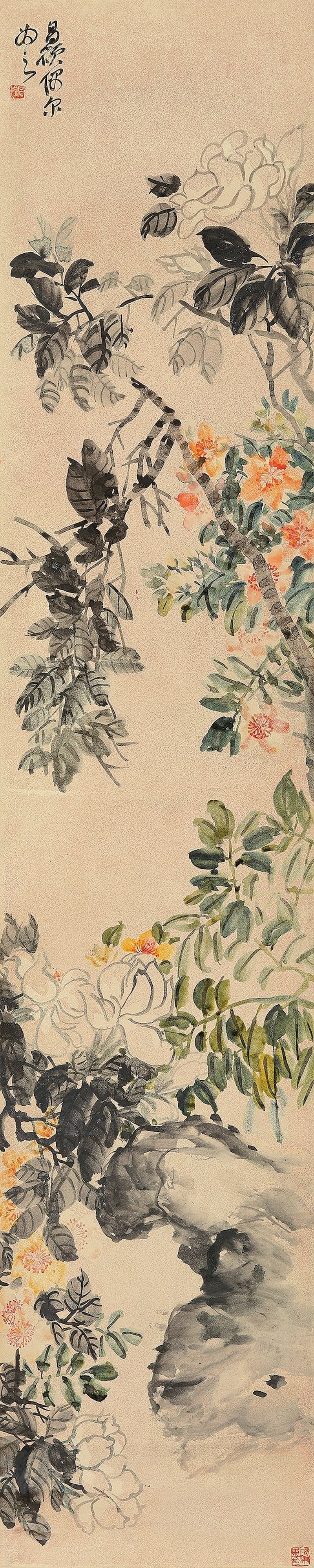 吳昌碩　花卉三屏　設色灑金箋　鏡心三幀　一九〇九年作 | WU CHANGSHUO (1844-1927) - 图4