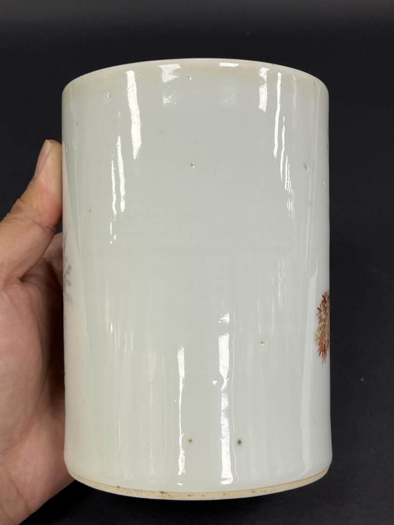 清光绪 金品卿款浅绛彩花鸟纹笔筒 - 图5