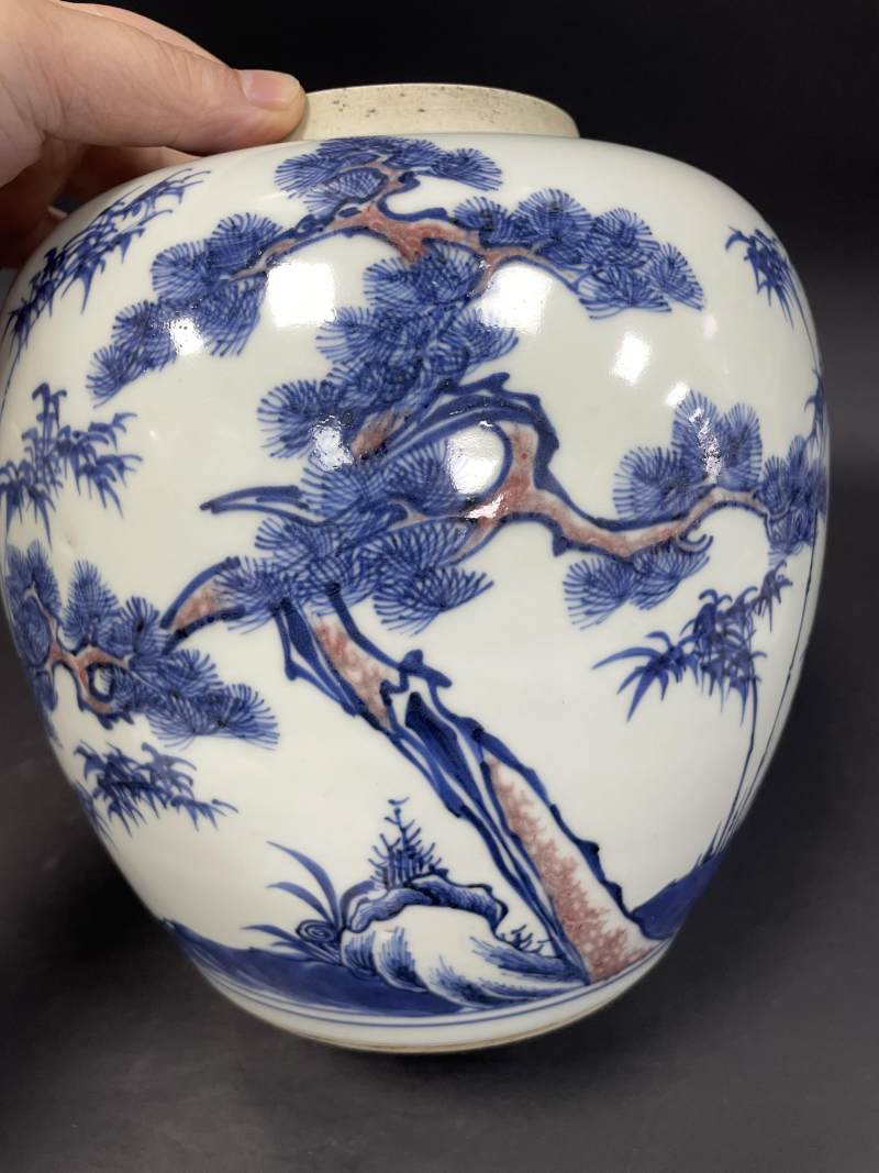 清雍正 青花釉里红岁寒三友图罐 - 图13