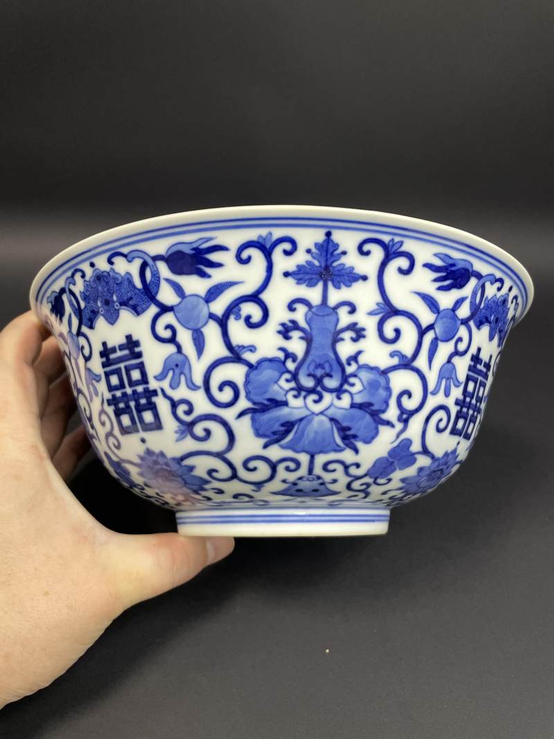 清宣统 青花缠枝莲福寿双喜大碗 - 图5