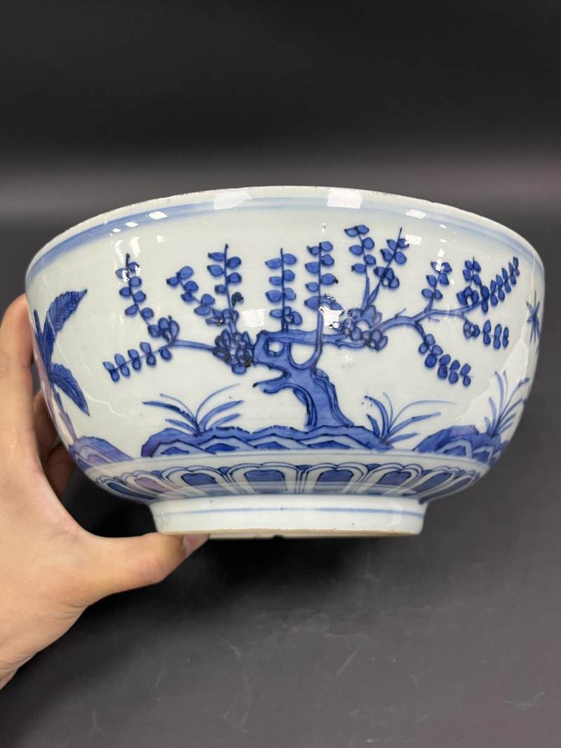 明晚期 青花内花果纹外岁寒三友图大碗 - 图6