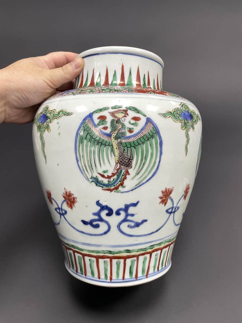 清康熙 青花五彩团凤纹将军罐 - 图6