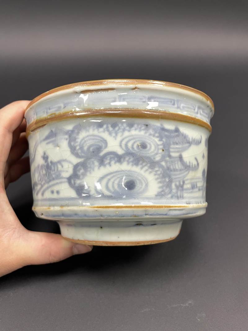 明空白期 青花山水纹筒式炉 - 图2