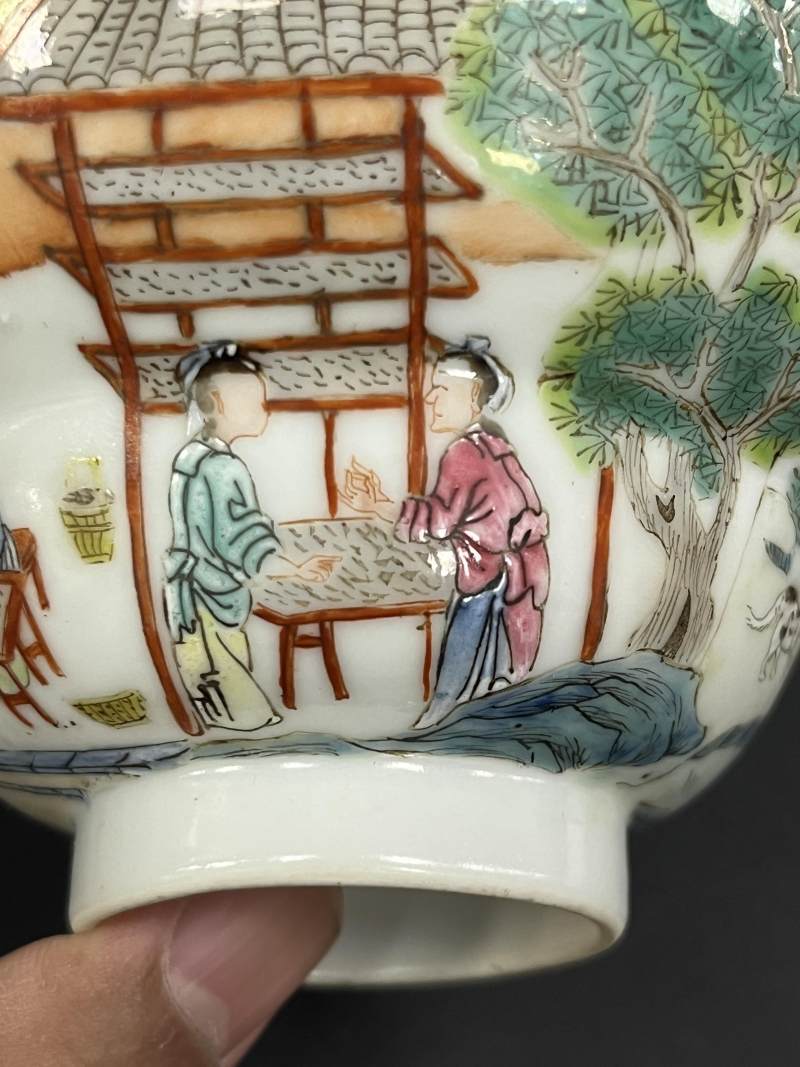 清道光 粉彩耕织诗文花口折腰碗 - 图12