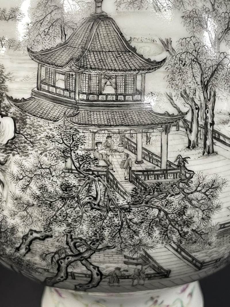 民国 墨彩加粉彩山水人物纹如意万年耳尊 - 图11