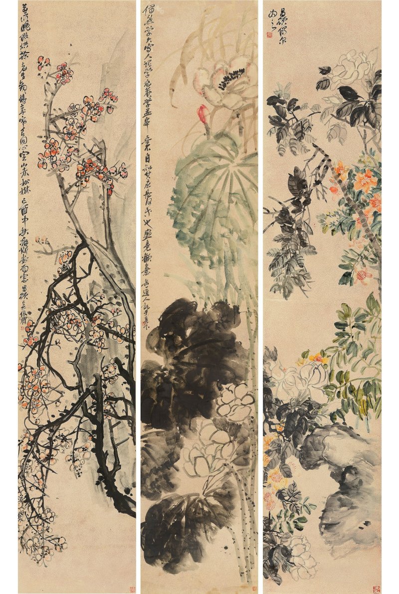 吳昌碩　花卉三屏　設色灑金箋　鏡心三幀　一九〇九年作 | WU CHANGSHUO (1844-1927) - 图5