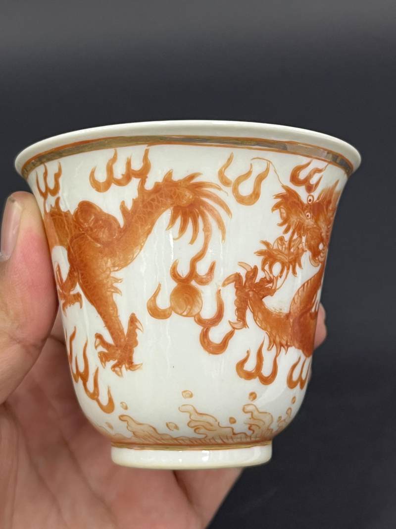 清光绪 矾红云龙纹大铃铛杯一对 - 图5