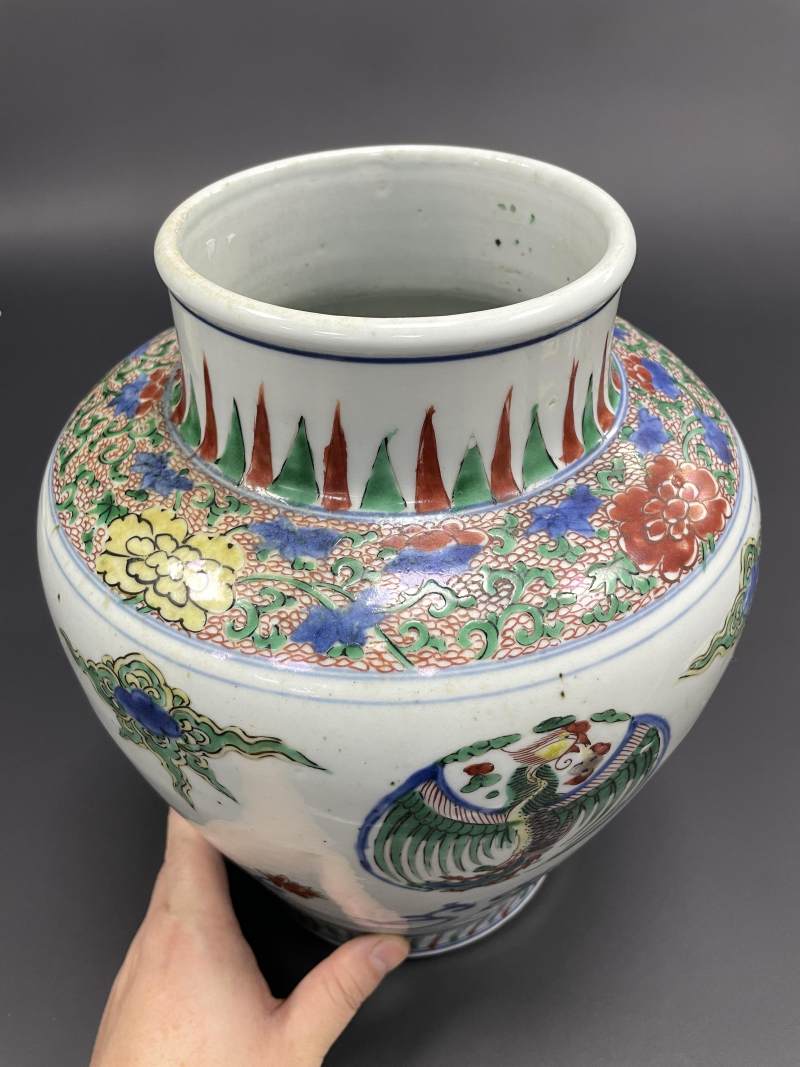清康熙 青花五彩团凤纹将军罐 - 图8