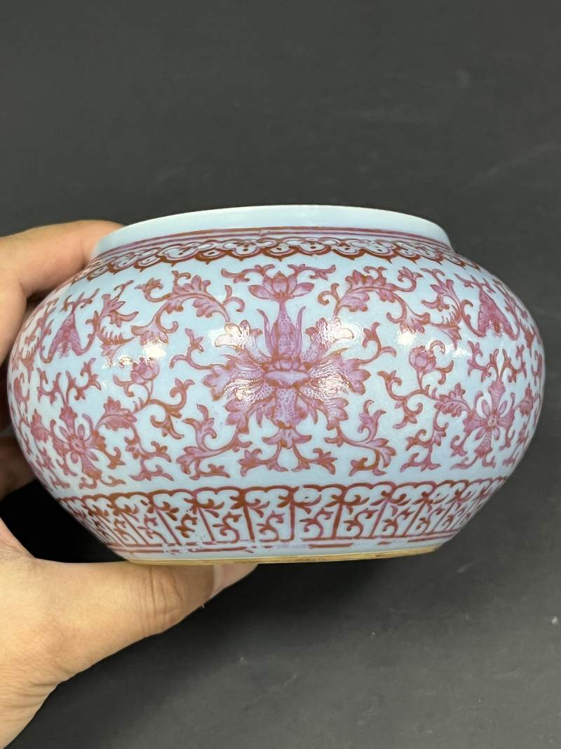 清晚期 天蓝釉胭脂红缠枝莲蝠纹围棋罐一对 - 图19