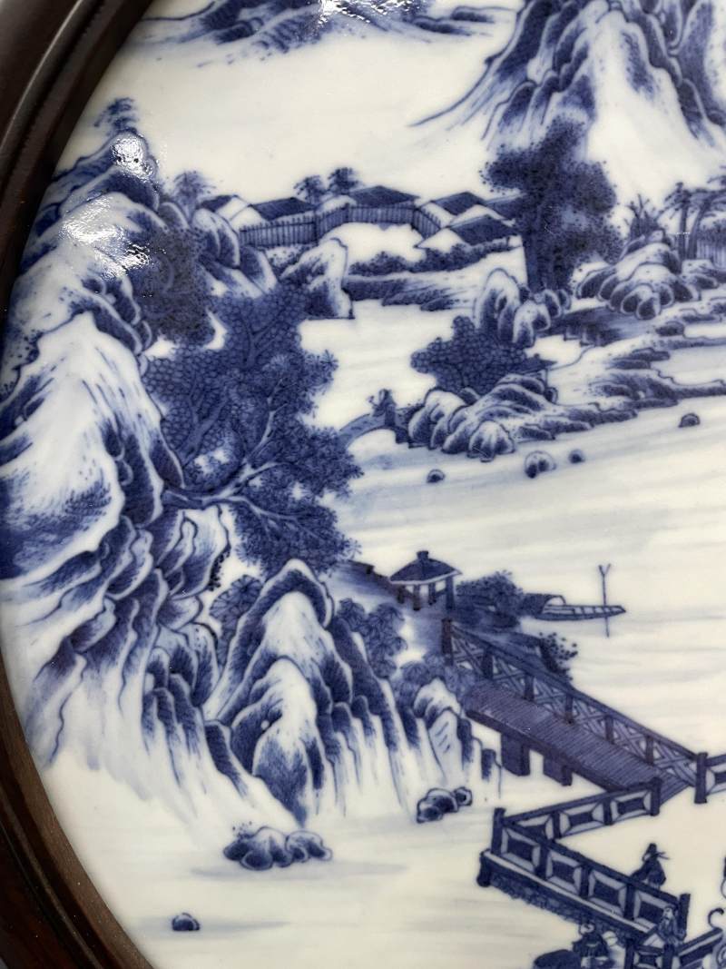 清雍正 青花山水楼阁图瓷板挂屏 - 图5