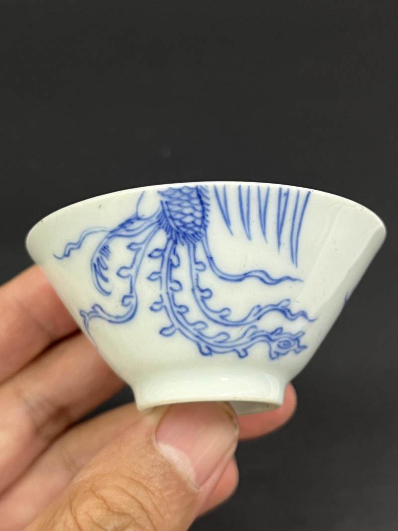 清康熙 青花过墙凤鸣在竹图斗笠盏 - 图5