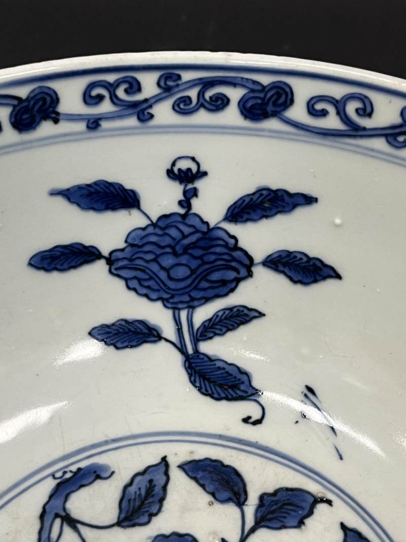 明晚期 青花内花果纹外岁寒三友图大碗 - 图9