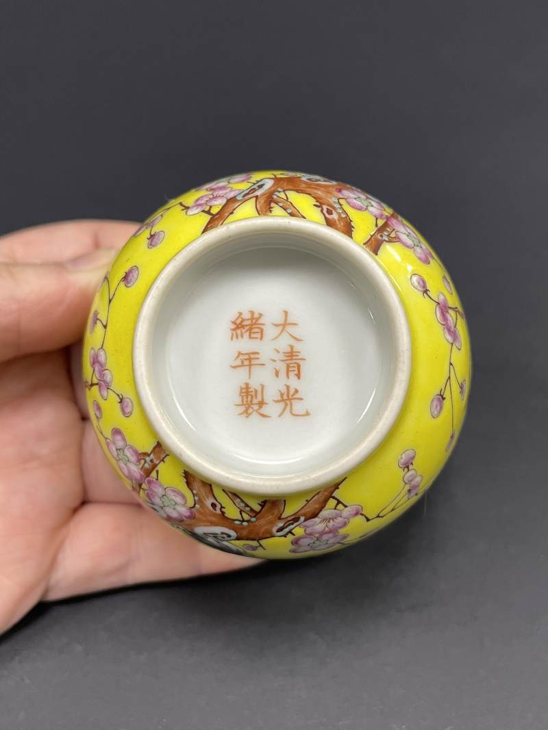 清光绪 黄地粉彩喜鹊登梅图杯 - 图9