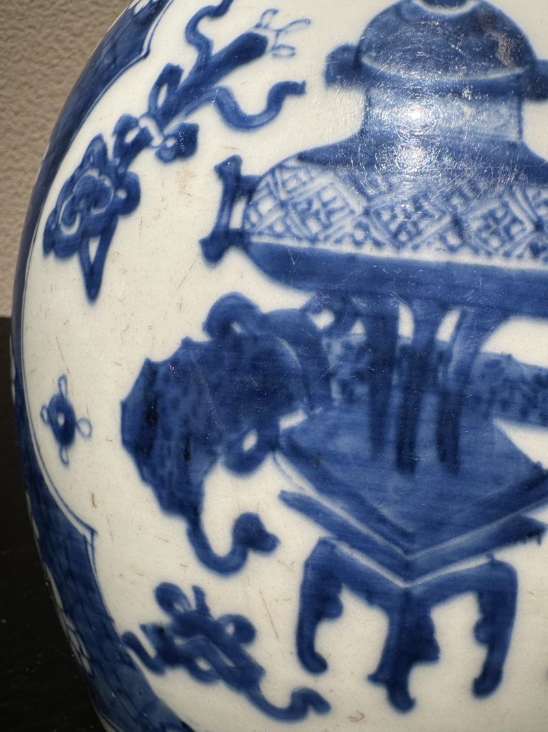 清康熙 青花冰梅开光博古图罐 - 图10