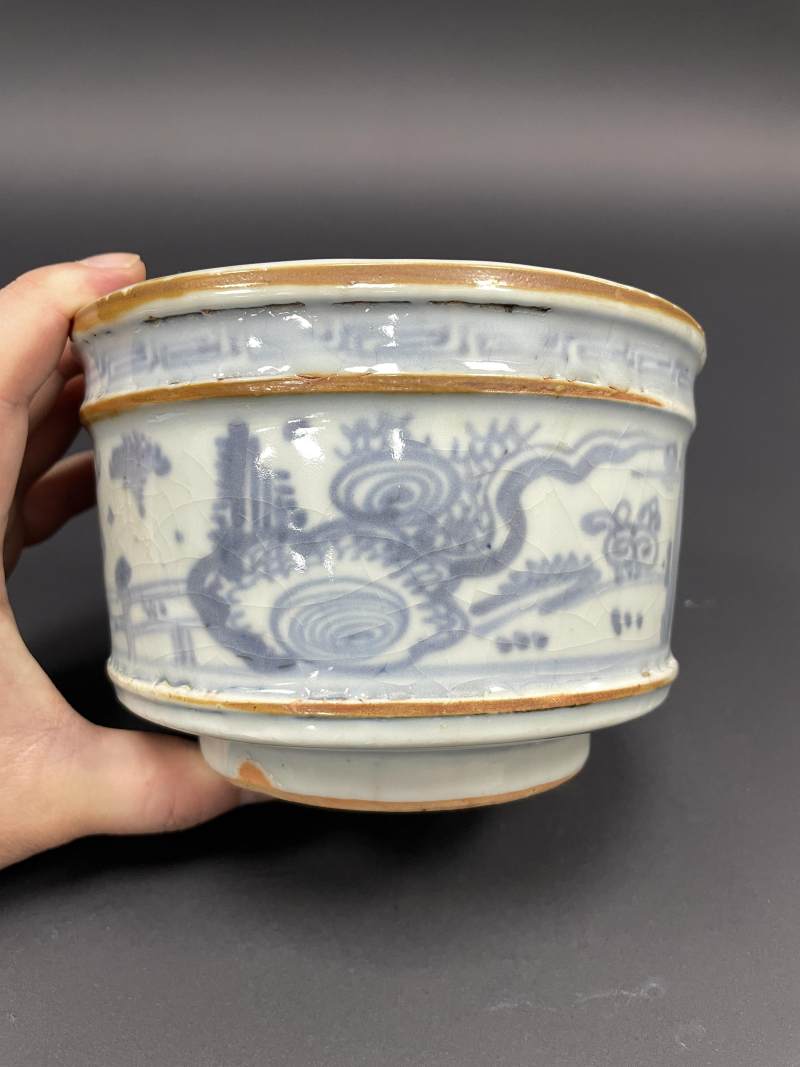 明空白期 青花山水纹筒式炉 - 图4
