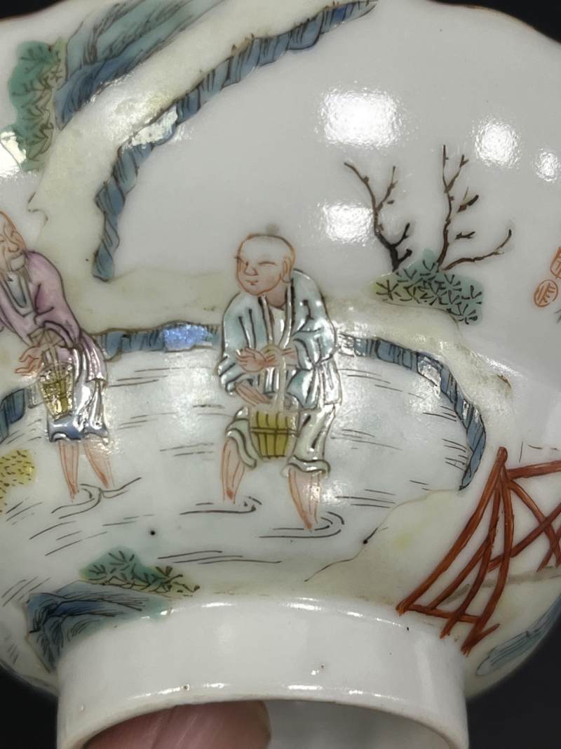清道光 粉彩耕织诗文花口折腰碗 - 图14