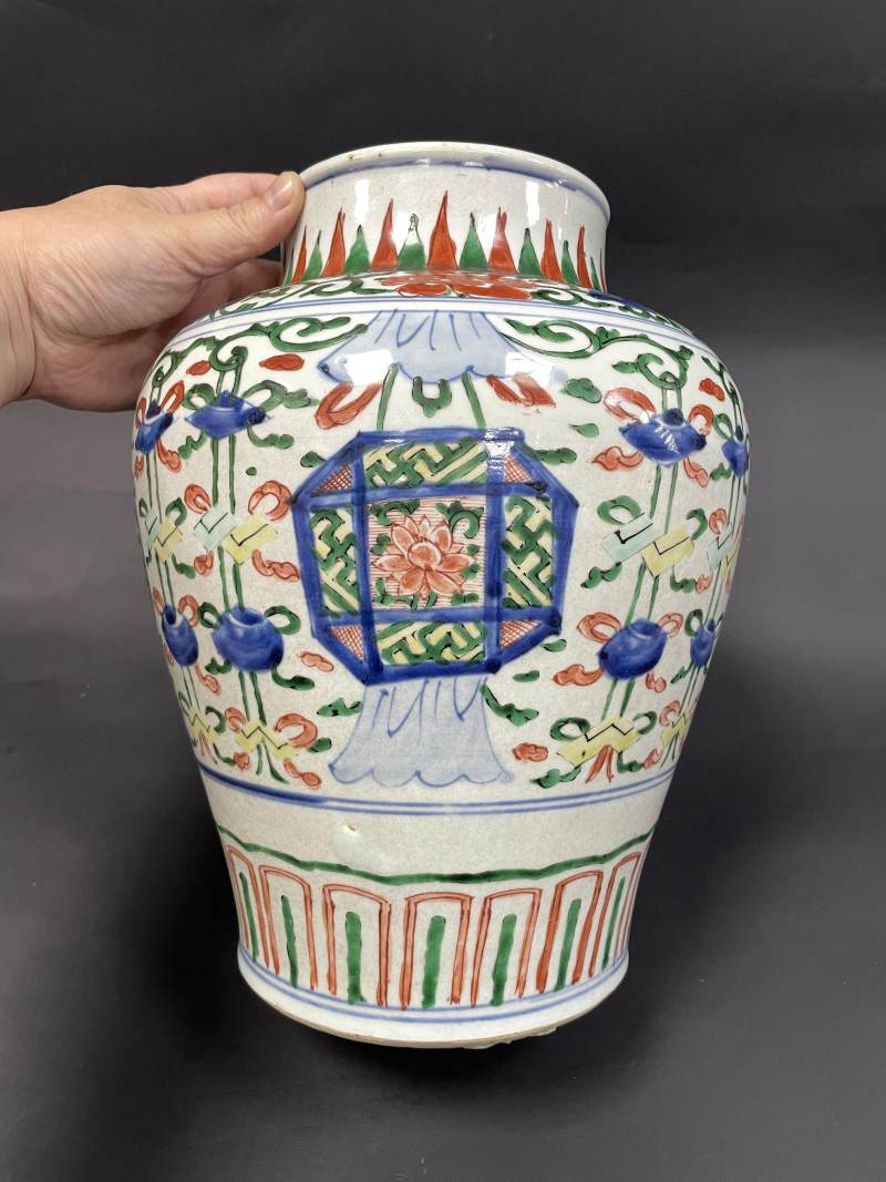 清康熙 青花五彩五谷丰登图将军罐 - 图2