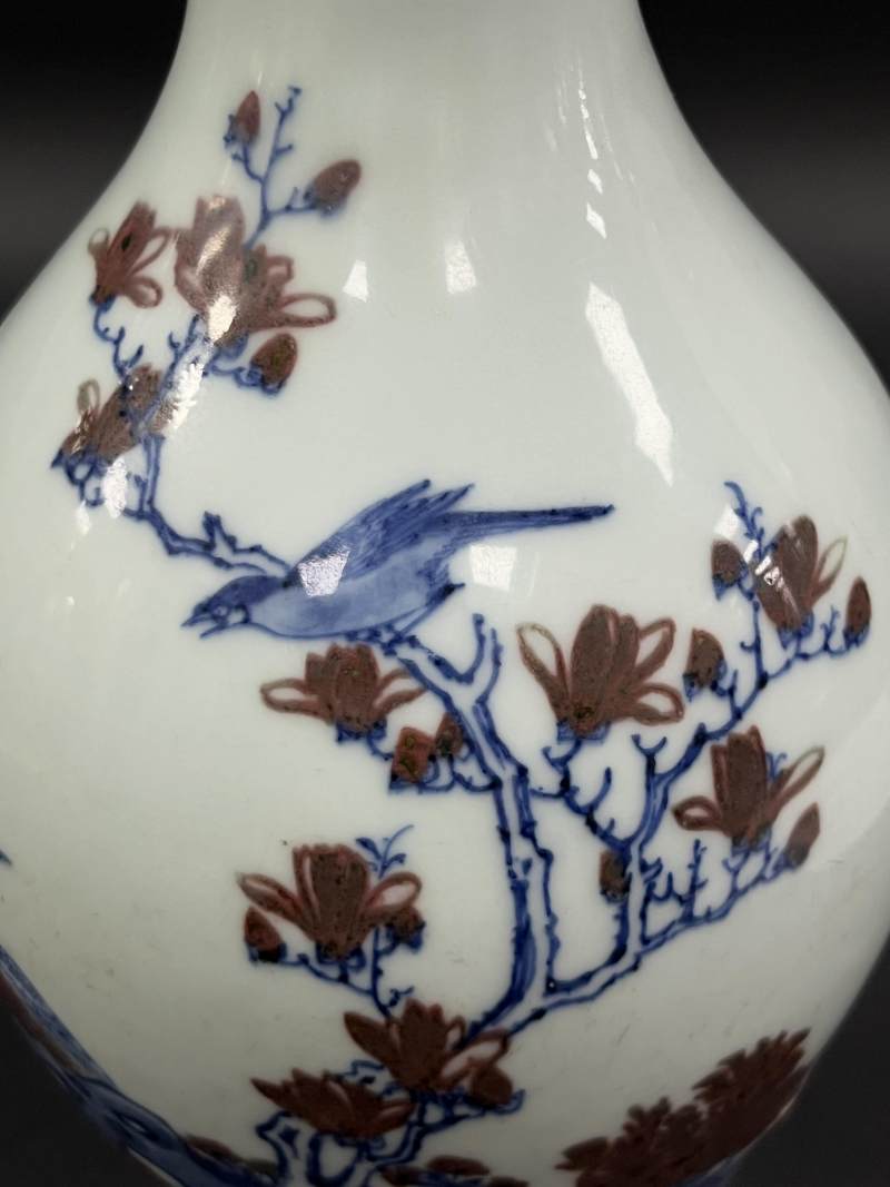 清康熙 青花釉里红花鸟纹橄榄尊 - 图8